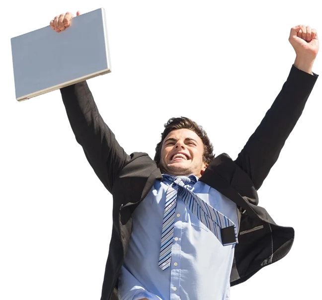 Mężczyzna świętujący założenie firmy — bezpłatna pomoc w rejestracji z Caishen